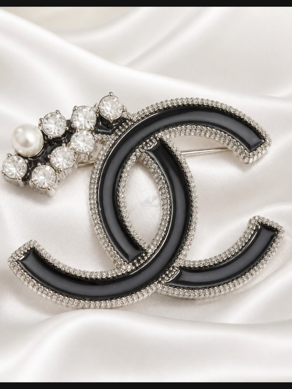 2" Silver, Black Enamel, Rhinestone CC Brooch